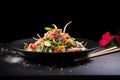 diagonal composition, spinach strawberry salad, black dish