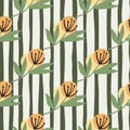Diagonal dandelion flowers in orande tones on seamless pattern. White background with black lines