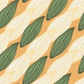 Diagonal floral leaves elements seamless pattern. Green and white botanic figures on orange background Royalty Free Stock Photo