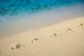 Diagonal footprints on sand beach with sea edge line Royalty Free Stock Photo
