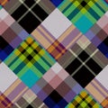 Diagonal madras patchwork plaid cotton pattern. Seamless quilting fabric effect linen check background.