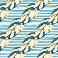 Diagonal monstera shapes seamless doodle pattern. Beige and navy colors exotic ornament. Background with blue and white strips