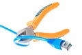 Diagonal pliers cutting lan network computer cable, 3D rendering Royalty Free Stock Photo