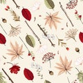 Diagonal seamless pattern vector Autumn hand drawn elements motive,leaves,flowers,nuts,branch,for fashion fabric and all prints o