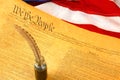 Diagonal United States Constitution, Quill Pen in Inkwell, and Flag