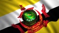 Diagonal view of waving colorful flag of Football Association of Brunei Darussalam. Motion. Realistic contrasting flag