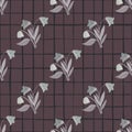 Diagonal village flowers ornament seamless pattern. Chequered brown background. Countryside flora artwork