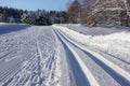 diagonal wide ski track with traces from many skis skating in winter forest Royalty Free Stock Photo