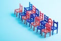 Diagonally installed chairs in two rows, blue and red color