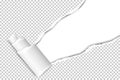 Diagonally snatched middle of transparent paper from upper right corner to lower left with white background and paper curl. Vector Royalty Free Stock Photo