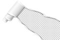 Diagonally snatched middle of white paper with torn edges, shadows, paper curl and transparent background of resulting hole.
