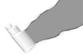 Diagonally snatched middle of white paper from upper right corner to lower left with torn edges, shadows, paper curl and gray