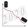 Diagram with barrels of oil with red falling arrow of the economic chart. Financial world crisis and global oil trade concept in Royalty Free Stock Photo