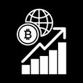 Diagram, bitcoin, globe solid icon. vector illustration isolated on black. glyph style design, designed for web. Eps 10.