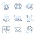 Diagram chart, Teamwork and Puzzle icons set. Partnership, Cogwheel and Messenger mail signs. Vector