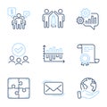 Diagram chart, Teamwork and Puzzle icons set. Partnership, Cogwheel and Messenger mail signs. Vector