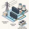 Diagram of a data center with electricity supply and cooling systems isolated on white background Royalty Free Stock Photo