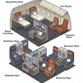 Diagram of a modern airplane interior displaying various seating classes. Features Royalty Free Stock Photo