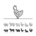 Diagrams for butcher shop - chiken. Meat cuts. Animal silhouette