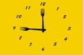 dial and black plastic forks instead of arrows on yellow background Royalty Free Stock Photo