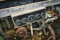 Dial gauge dashboard of a diesel engine in a engine room of a boat showing RPM and measurements Royalty Free Stock Photo