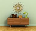 Dial phone, books and desk lamp on vintage style buffet table. 3D illustration