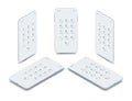 Dial screen on smartphone, white phones isometric set. Realistic mobile screen keypad with numbers and letters template