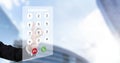 Dialing on virtual telephone keypad with transparent telephone buttons, businessman touch Emergency button of telephone number on