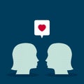 Dialog about love. Two heads of women with a speech bubble. Vector illustration, flat design