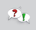Dialog template. Two overlapping speech bubbles with red question and green exclamation marks and halftone shadows on Royalty Free Stock Photo
