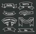 Dialog words on ribbons. Short phrases. Thank you, hello, please, yes, no, sorry, welcome