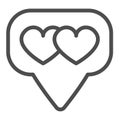 Dialogue box, speech bubble and two hearts line icon, dating concept, messege with hearts vector sign on white