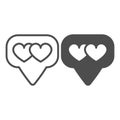 Dialogue box, speech bubble and two hearts line and solid icon, dating concept, messege with hearts vector sign on white
