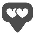 Dialogue box, speech bubble and two hearts solid icon, dating concept, messege with hearts vector sign on white
