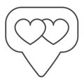 Dialogue box, speech bubble and two hearts thin line icon, dating concept, messege with hearts vector sign on white