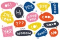 Dialogue bubbles with phrases. Comic speech balloons for greeting and expression, colorful text chat shapes. Vector