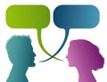 Vector isolated Colored profile silhouette with speech bubble. Talking between a man and a woman. Dialogue - discussion - chat com