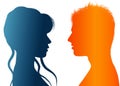 Vector Silhouette of colored profile. Talking between a man and a woman. Dialogue between people. Communication between businesswo Royalty Free Stock Photo