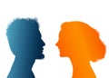 Talking between a man and a woman. Dialogue between young people. Communication between businesswoman and businessman. Conversatio Royalty Free Stock Photo