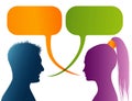 Vector isolated Colored profile silhouette with speech bubble. Talking between a man and a woman. Dialogue - discussion - chat com Royalty Free Stock Photo