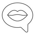 Dialogue with female lips thin line icon, valentine day concept, woman mouth with speech bubble sign on white background