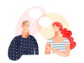Dialogue of people with speech bubbles, young man thinking, talking with woman together Royalty Free Stock Photo