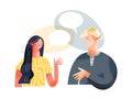 Dialogue of people with speech bubbles, young man thinking, talking with woman together