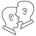 Dialogue of two men, chat, conversation thin line icon, communication concept, man talkig vector sign on white