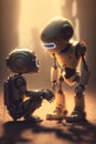 Dialogue between two robots. Robotic art surreal illustration.