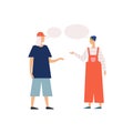Dialogue of two young modern cartoon people with speech bubbles vector flat illustration. Male and female teenager Royalty Free Stock Photo