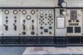 Dials and switches in the control room in old power plant. Control panel with measuring instruments Royalty Free Stock Photo