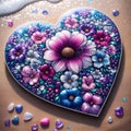 Diamond art painting in purple heart with flowers on the beach.