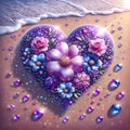 Diamond art painting in purple heart with flowers on the beach.