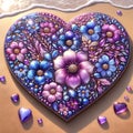 Diamond art painting in purple heart with flowers on the beach.